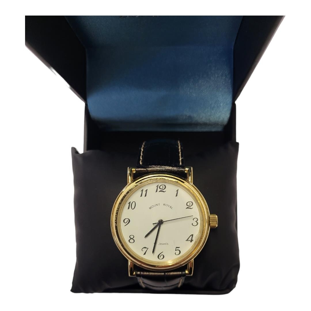 MOUNT ROYAL, A GOLD PLATED OVERSIZED GENTS WRISTWATCH Circular white dial with Arabic number - Image 2 of 3