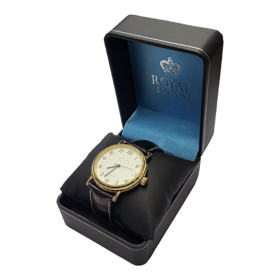 MOUNT ROYAL, A GOLD PLATED OVERSIZED GENTS WRISTWATCH Circular white dial with Arabic number