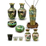 A group of cloisonne, mostly c.1920, comprising a pair of dragon vases; a smaller pair of vases, two