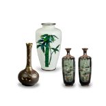 FourJapanese cloisonne vases, Meiji to Taisho period, comprising a pair with panels of birds, a
