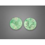 A Pair of circular Jadeite pendant Plaques, Republic period, each side incised with a flowering