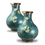 A Pair of Cloisonne Bottle Vases, early 19th century, decorated with fruiting peach trees