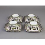 An attractive Set of Four Canton Enamel Cups and Saucers, Qianlong, of square form, finely enamelled