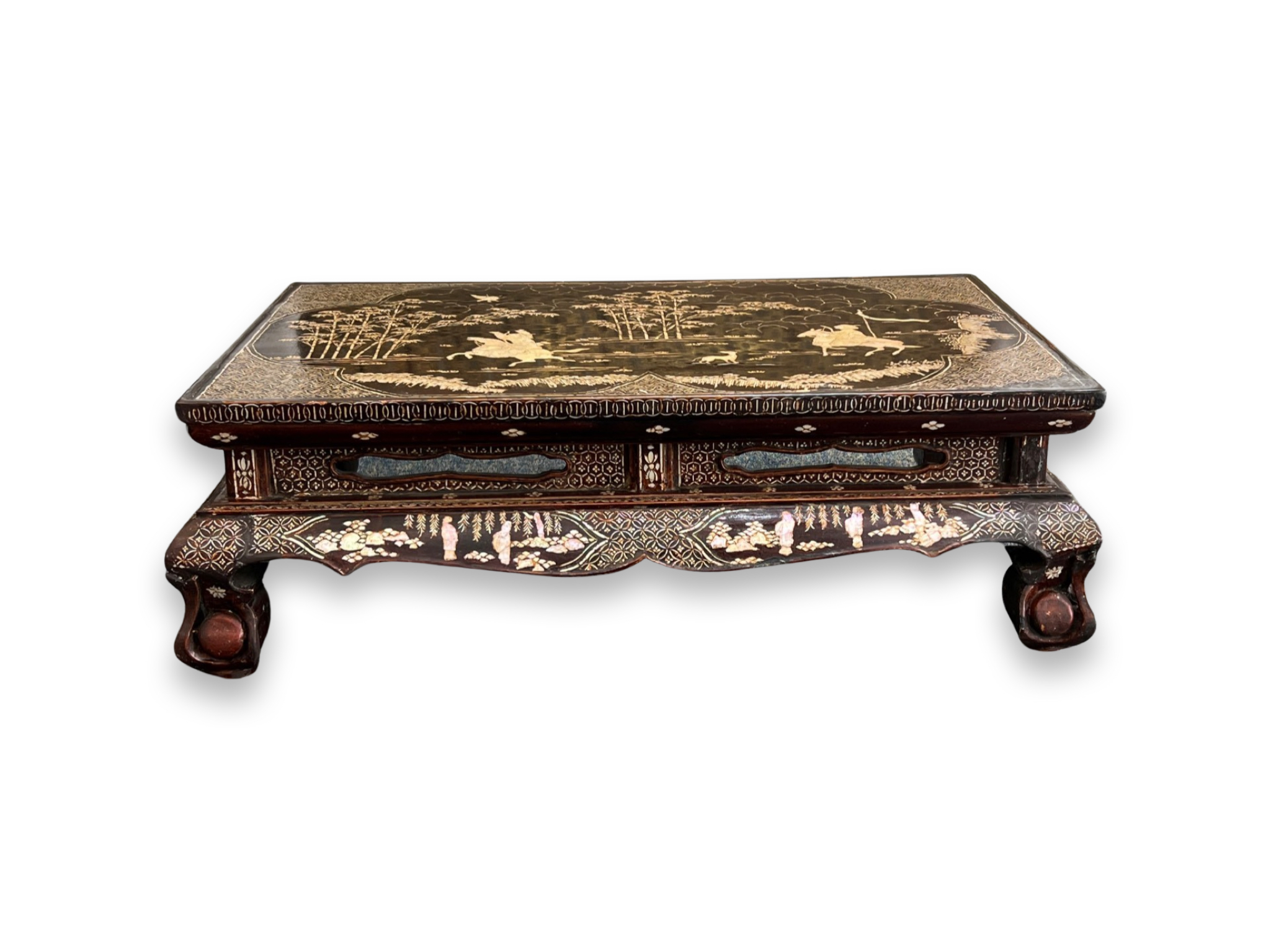A 'lac burgaute' Low Table, 17th century, the top inlaid with a lobed central scene of two riders - Image 2 of 6