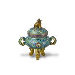 A Cloisonne Tripod Censer, 18th century, of compressed globular form, enamelled with an overall