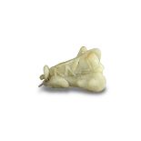 A celadon Jade Grasshopper and Peascod Pendant, 19th century or earlier, well polished and carved in