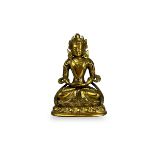 A Gilt Bronze Amitayus, 18th century, well cast, seated in the lotus position on a waisted lotus