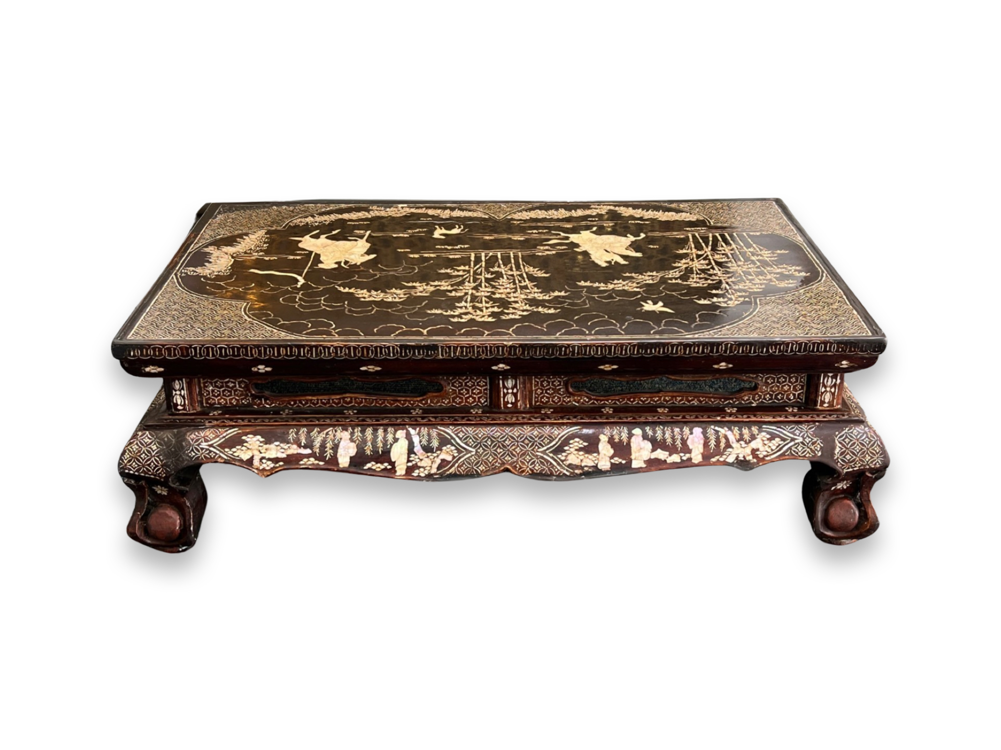 A 'lac burgaute' Low Table, 17th century, the top inlaid with a lobed central scene of two riders - Image 4 of 6