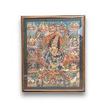 A Tibetan Thangka,18/ 19th century, painted with a multi armed Bodhisattva in the centre, among rows