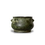 A good mid Qing dynasty bronze censer thinly cast and light in weight with two handles shaped as