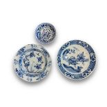 Three blue and white Dishes, 18th to 19th century â€¨â€¨one with the â€˜love chaseâ€™ pattern,one