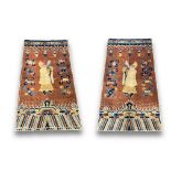 A Rare Pair of Buddhist Pillar Carpets, 18th/19th century, each with a yellow hat lama blowing a