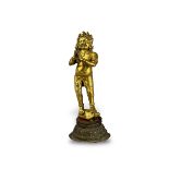 A Gilt Bronze standing Bodhisattva, 18th century, his face of demonic aspect beneath a tiara hung