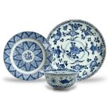 Two Blue and White dishes and one small cup. Kangxi.