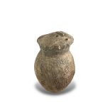 A rare grey pottery Owl Vessel, Neolithic, the ovoid body with vertical combed decoration below