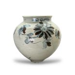 A Large Korean Globular Jar, late Joseon period, of almost moon jar form, freely painted around