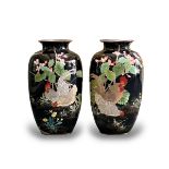 An imposing Pair of Japanese cloisonne Vases, Meiji period, each of tall flattened ovoid form,