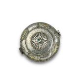 A Tibetan parcel gilt Silver Box and Cover, 19th century, of compressed rounded form and circular