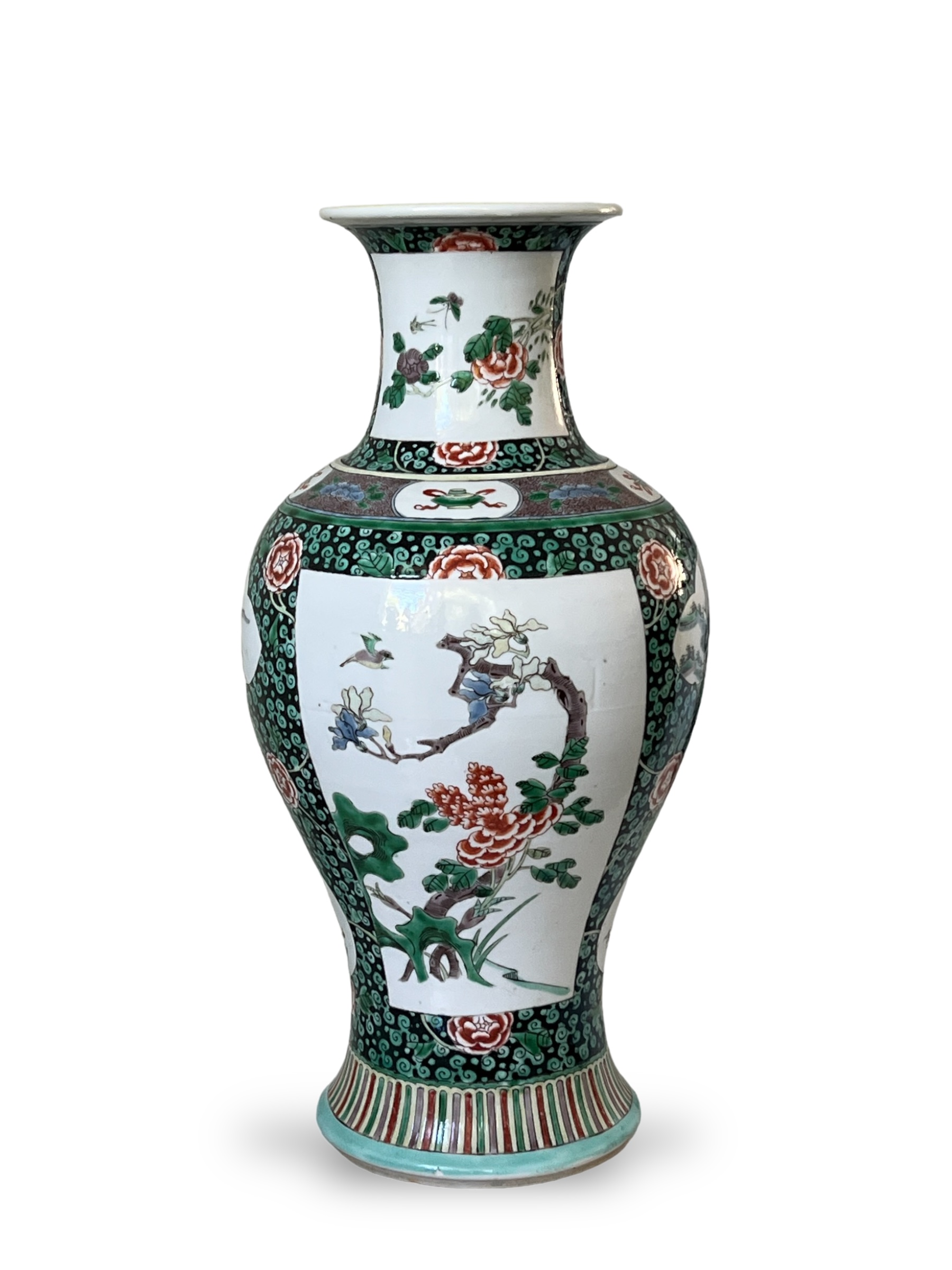 A fine 19th century famille verte/noire finely painted with birds, flowers and idyllic landscapes