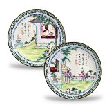 A Pair of Inscribed Canton Enamel Dishes, Qianlong, well enamelled with different garden pavilion