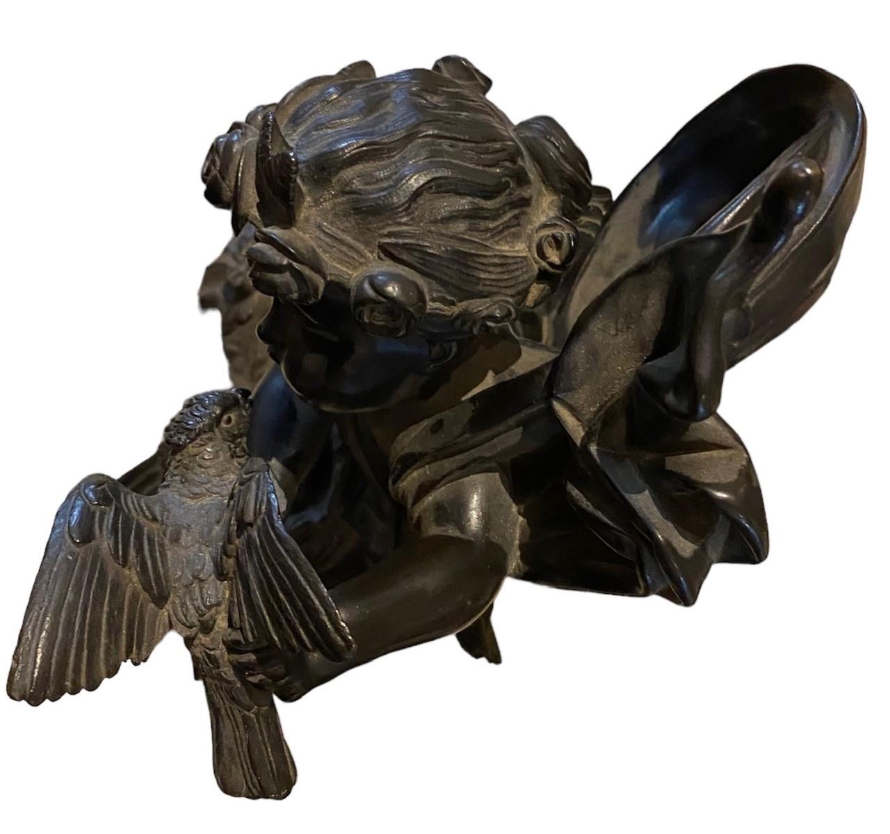 MANNER OF VICTOR PAILLARD, A 19TH CENTURY BRONZE WINGED CHERUB AND A PAIR OF DOVES Supported on a - Image 5 of 5