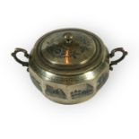 A MID 20TH CENTURY IRAQI/IRANIAN TWIN HANDLED, DECAGON SHAPED, SILVER NIELLO SUGAR BOWL Lid having