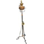 HINKS & SONS, A LARGE COPPER AND WROUGHT IRON FLOOR STANDING CONVERTED OIL LAMP (h 151.5cm)