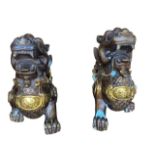 A PAIR OF CHINESE DECORATIVE BRONZE DOGS OF FO With gilt highlights. (h 15.5cm x w 20cm x depth 9cm)