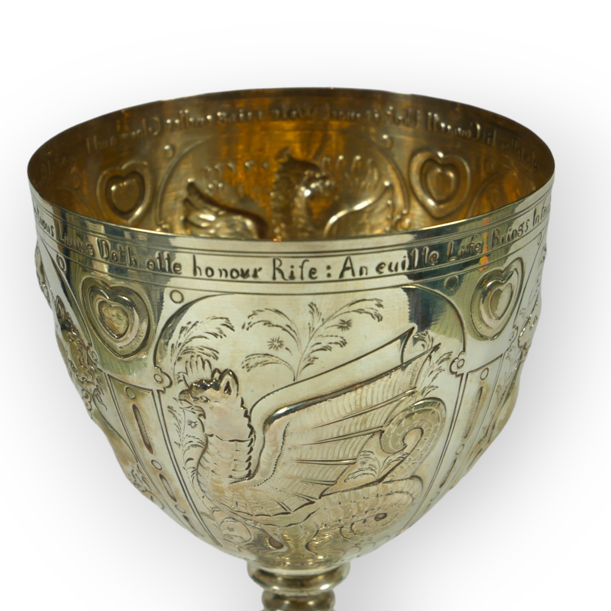 A 19TH CENTURY SILVER GOBLET IN THE 17TH CENTURY JACOBEAN STYLE Having repoussé, chased and - Image 2 of 6