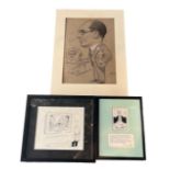 THREE 20TH CENTURY CARICATURES To include chalk drawing titled ‘F.C.D. Speaking’, signed ‘Kane’