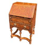 WILLIAM AND MARY DESIGN MINIATURE APPRENTICE PIECE BURR WALNUT AND INLAID BUREAU The fall front