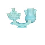 A 20TH CENTURY POOLE POTTERY THREE BRANCH CANDLE STICK, TWO BRANCH CANDLESTICK AND VASE, SHAPES 249,
