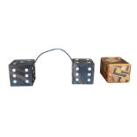 DAVID LINLEY, A MARQUETRY JAPANESE STYLE PUZZLE BOX. TOGETHER WITH A PAIR OF CAR DICE, BOTH HOUSED