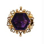 A LARGE VICTORIAN YELLOW METAL, AMETHYST, PEARL AND SEED PEARL BROOCH, YELLOW METAL TESTED AS 14CT