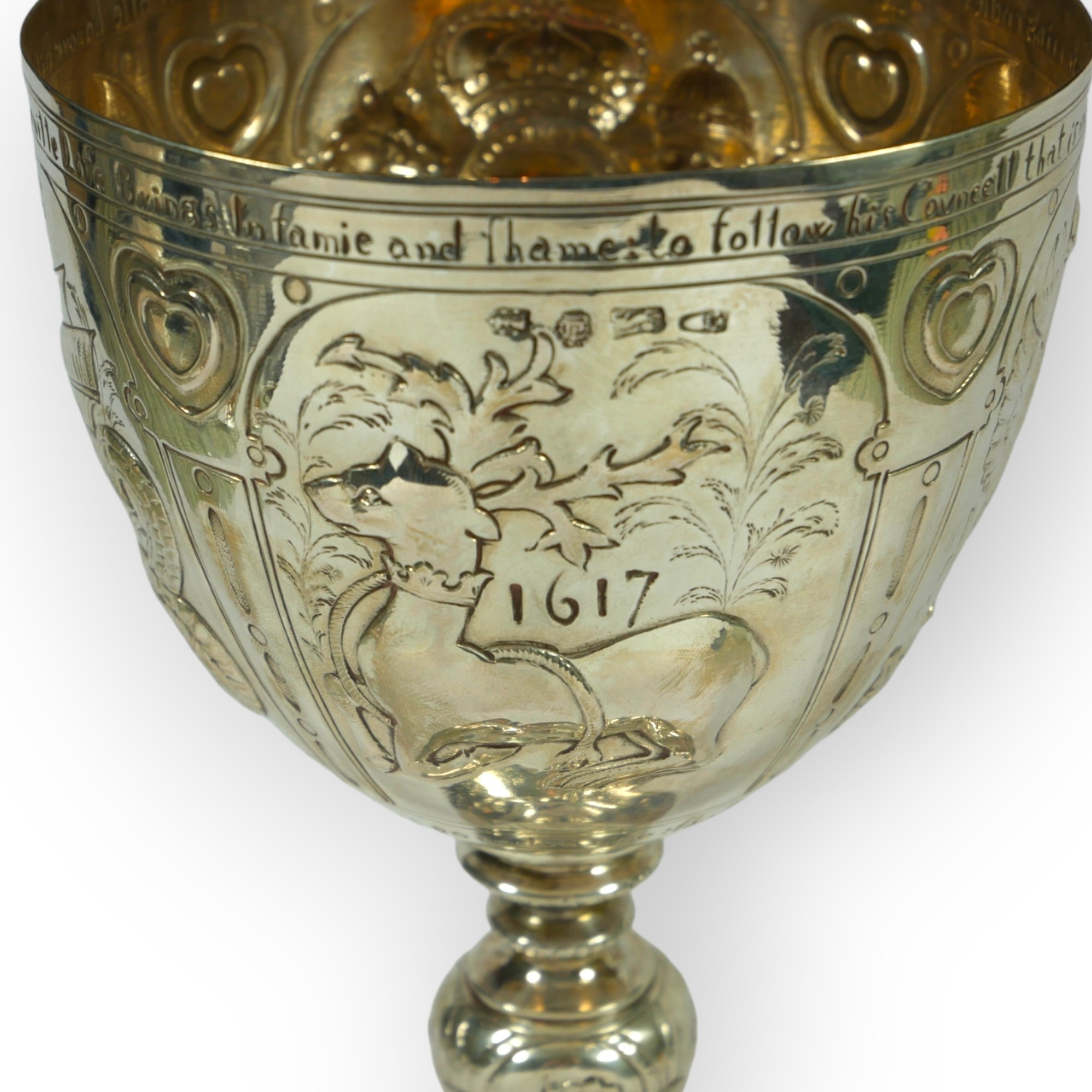 A 19TH CENTURY SILVER GOBLET IN THE 17TH CENTURY JACOBEAN STYLE Having repoussé, chased and - Image 3 of 6