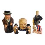 ROYAL DOULTON, A WINSTON CHURCHILL TOBY JUG In wartime brown coat and hat, two small Doulton