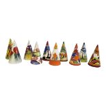 A SET OF TEN CLARICE CLIFF STYLE CONICAL SUGAR SIFTERS Issued to celebrate centenary of Clarice