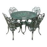 A 19TH CENTURY STYLE PAINTED ALUMINIUM GARDEN TABLE AND FOUR CHAIRS. (107cm x 70cm) Condition: