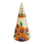 CLARICE CLIFF, BIZARRE RANGE, A CONICAL SUGAR SIFTER In Marguerite pattern, painted to one side with