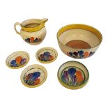 CLARICE CLIFF, BIZARRE RANGE, AUTUMN CROCUS PATTERN PEDESTAL BOWL Together with a Clarice Cliff