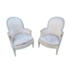 PIERRE FORGET, A PAIR OF SPOON BACK ARMCHAIRS the carved walnut frames in later jade green painted