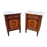 A PAIR OF 18TH CENTURY STYLE DUTCH MARQUETRY INLAID BEDSIDE CABINETS With pink marble tops above a