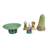 CLARICE CLIFF, BIZARRE RANGE, SUGAR SIFTER Moulded flora design flowerheads covered with apple green