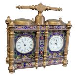 A BRASS CASED MINIATURE CLOISONNÉ CARRIAGE CLOCK BAROMETER. (14cm) Condition: good overall