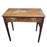 A VICTORIAN MAHOGANY SIDE TABLE With single drawer and brass handles, on square chamfered four legs.