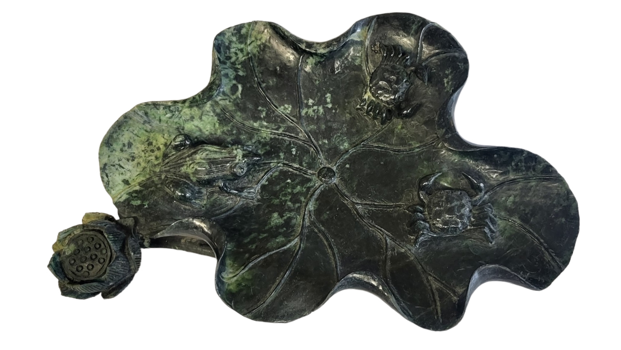AN ORIENTAL JADEITE TYPE LEAF SHAPE TABLE 20TH CENTURY CENTREPIECE Top carved in relief with lotus