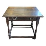 A 19TH CENTURY WILLIAM AND MARY STYLE OAK SIDE TABLE With single drawer on square and turned legs
