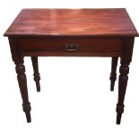 A VICTORIAN SOLID MAHOGANY SIDE TABLE The single drawer raised on turned legs. (76cm x 45cm x