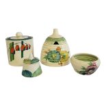 CLARICE CLIFF, BIZARRE RANGE, A SOLOMON’S SEAL PATTERN JAM POT AND COVER A Clarice Cliff beehive