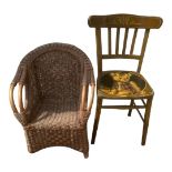 A CHILD'S WICKER ARMCHAIR Along with a standard chair painted with a teddy bear and three